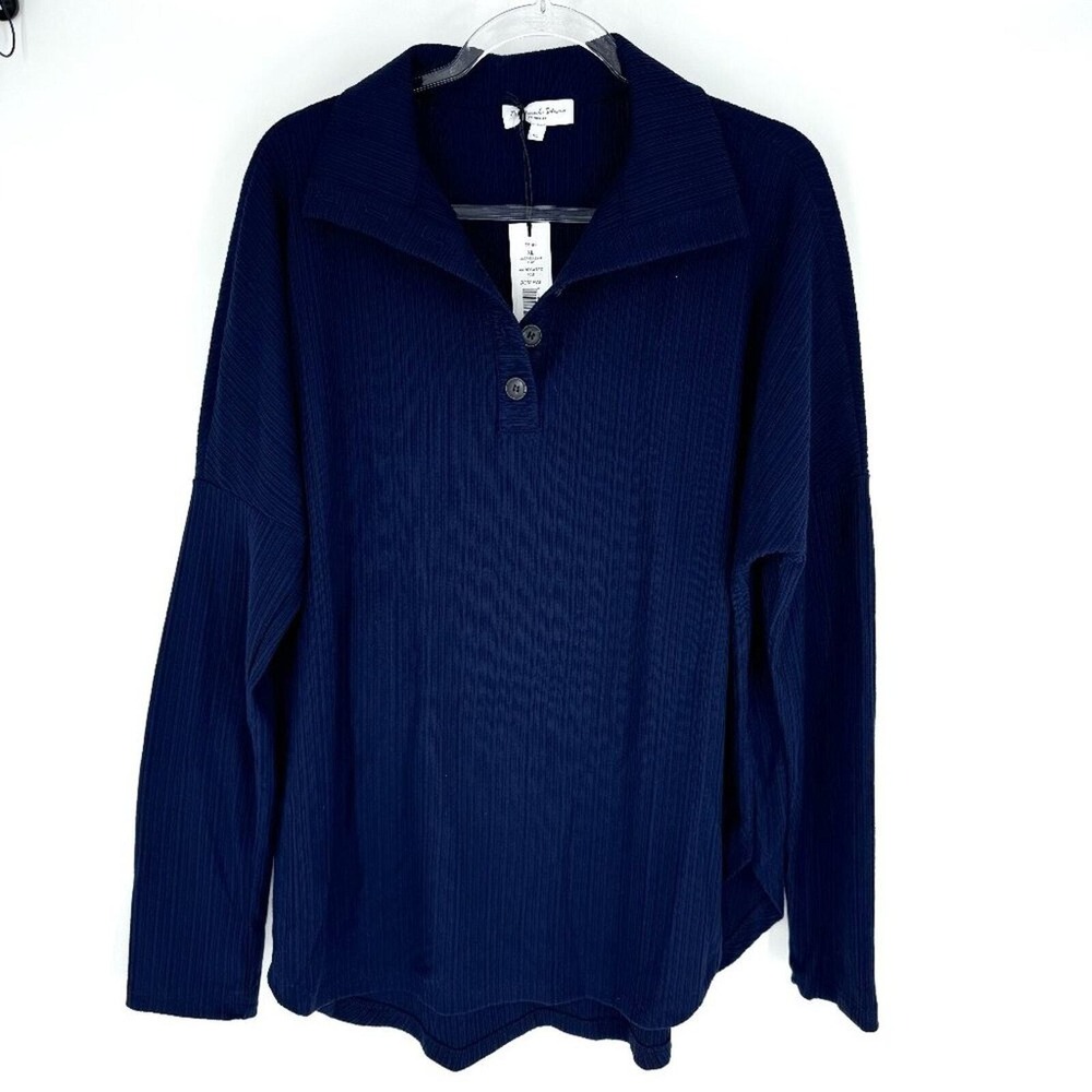 Michael Stars Luca Collar Top Variegated Rib Admiral Blue Size XL NWT